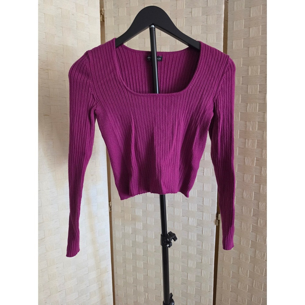Kendall & Kylie Womens Magenta Ribbed Knit Square Neck Crop Top Sweater Large